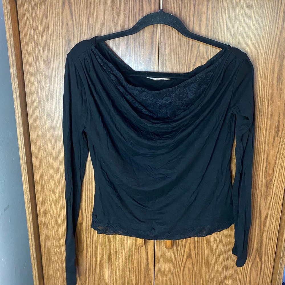 Edikted Cowl Neck Top Womens Large Black Lace Trim Draped Long Sleeve